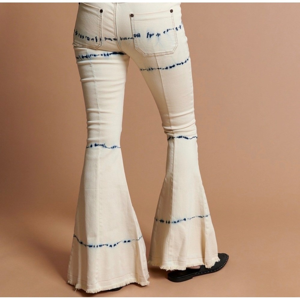 One Teaspoon Cream Tie Dye Flare Jeans Bell Bottom Raw 22 Indigo Boho Festival - Picture 2 of 15